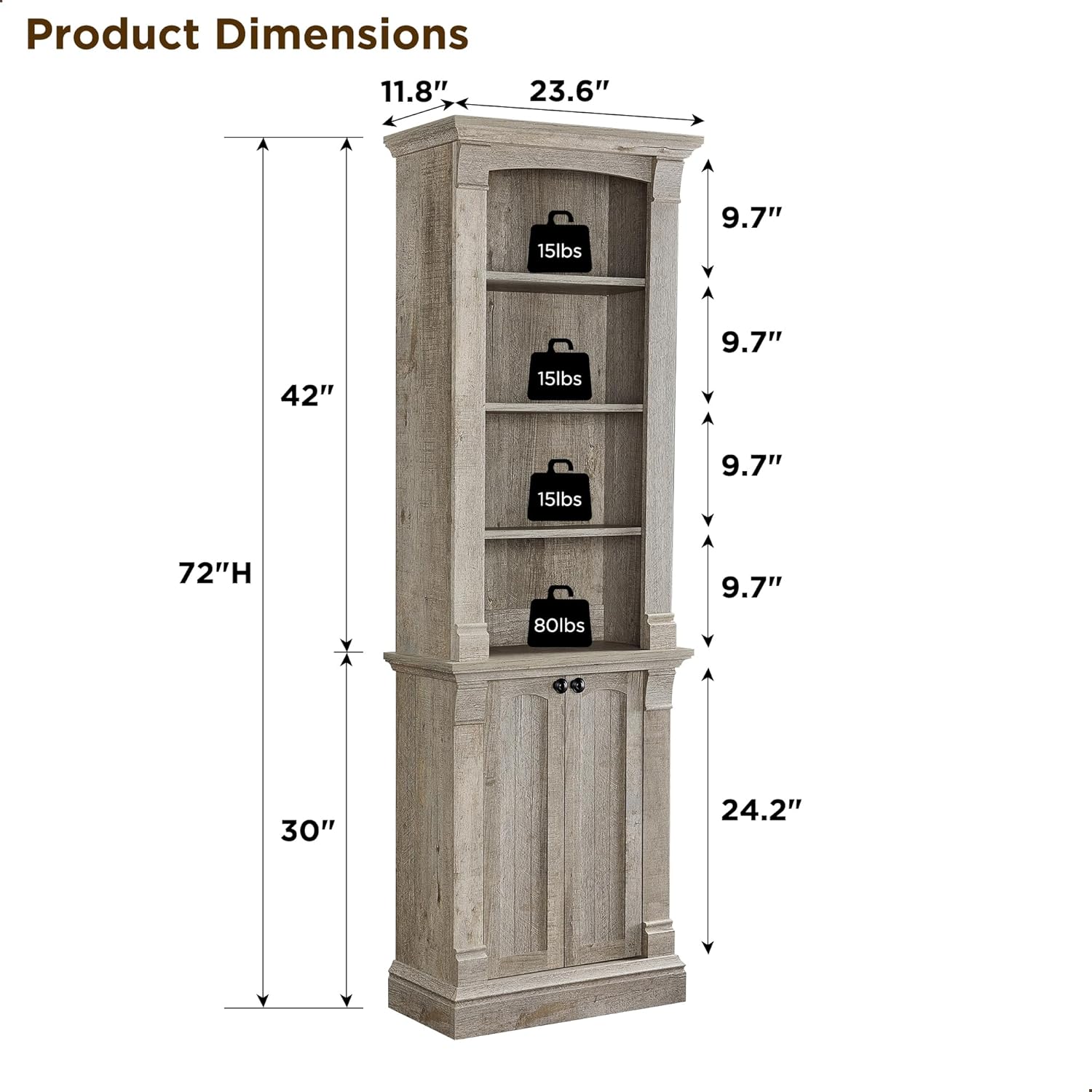 72" Farmhouse Bookcase with Adjustable Shelves and Storage Cabinet Doors