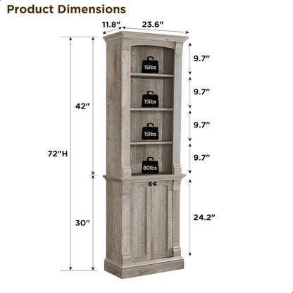 72" Farmhouse Bookcase with Adjustable Shelves and Storage Cabinet Doors