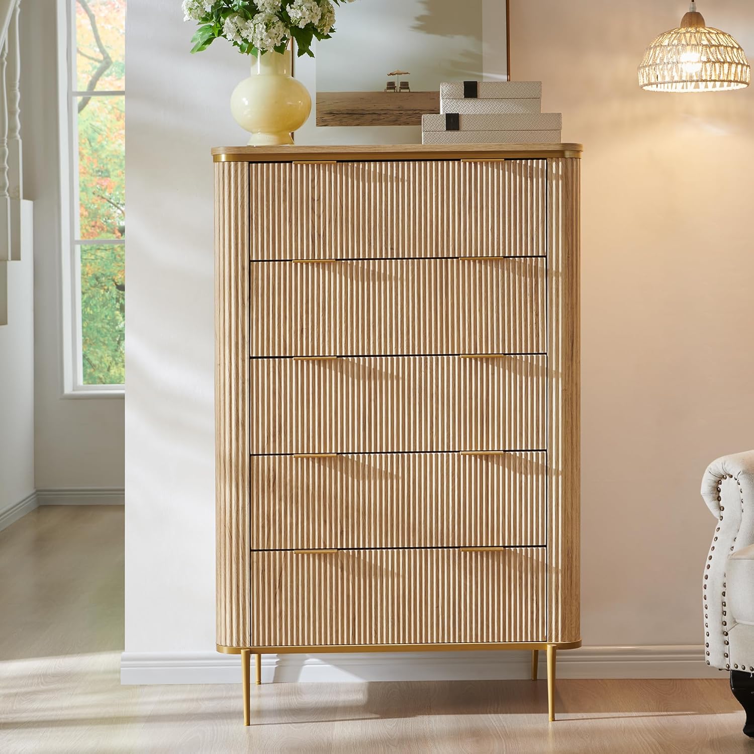 T4TREAM Fluted 5-Drawer Dresser: Modern Wood Storage Organizer