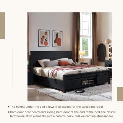 King Size Farmhouse Wood Bed Frame with Barn Door Cabinets