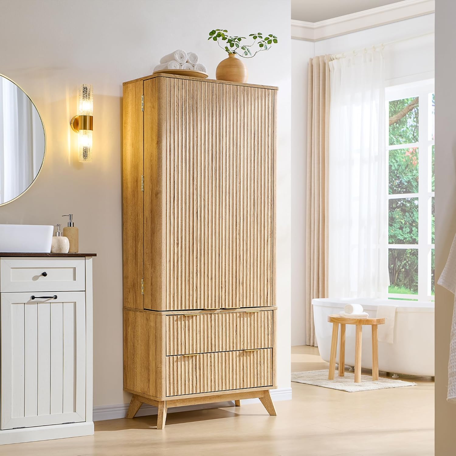 OKD Fluted Natural Oak Pantry Cabinet, 72" Kitchen Hutch