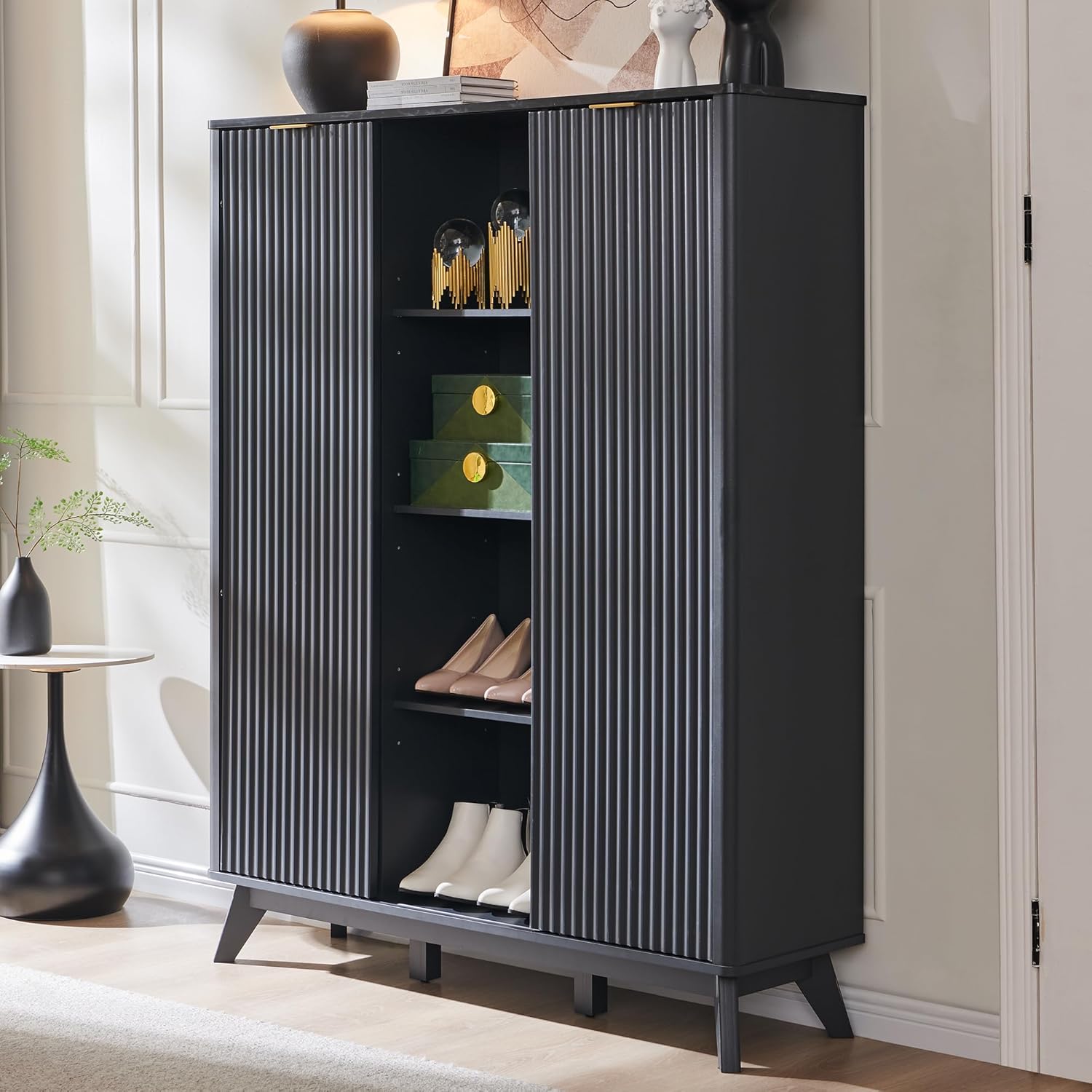 Fluted Shoe Storage Cabinet with Sliding Doors and Adjustable Shelves