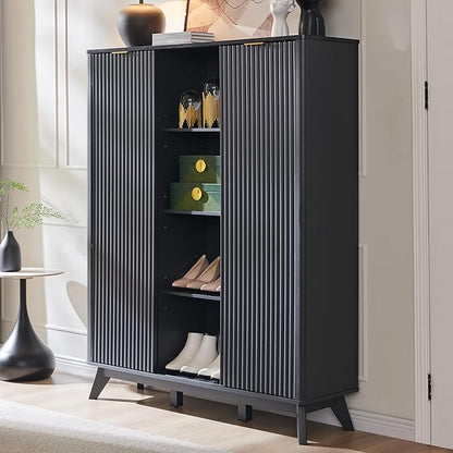 Fluted Shoe Storage Cabinet with Sliding Doors and Adjustable Shelves