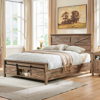JXQTLINGMU Full Size Farmhouse Wood Bed Frame with Barn Door
