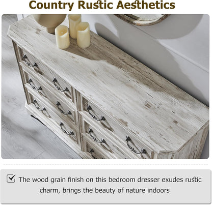 Wide Rustic Farmhouse 6-Drawer Dresser | Distressed White Wood