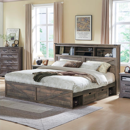 Farmhouse King Bed Frame with Storage Headboard, Drawers & LED