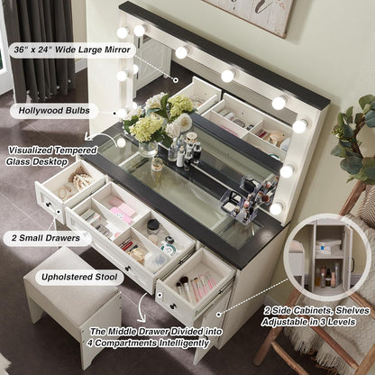 Farmhouse Vanity Desk with Hollywood Mirror, Drawers, Cabinets & Stool