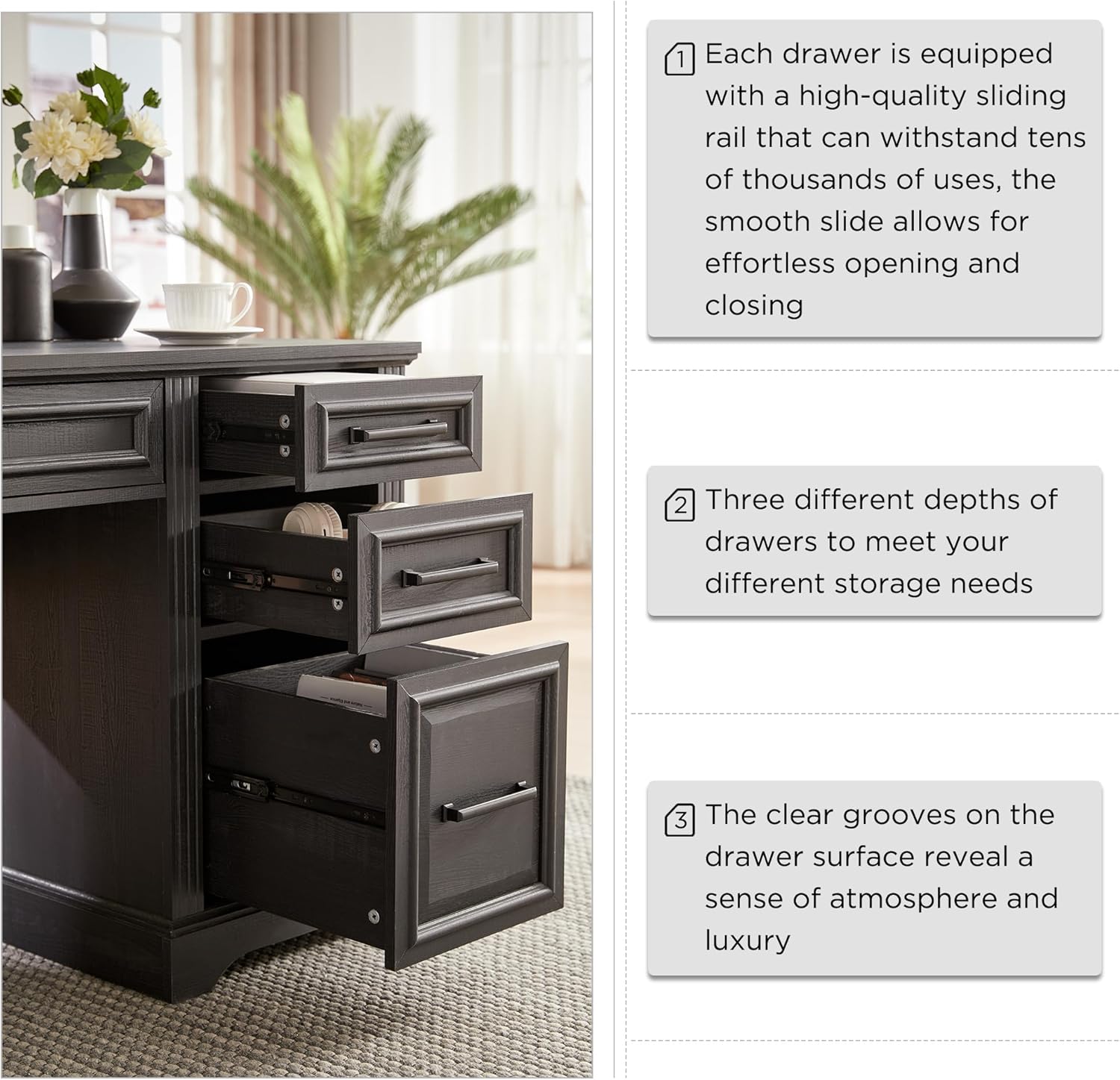 JXQTLINGMU 58 Inch Black Computer Desk with Embossed Texture & Drawers