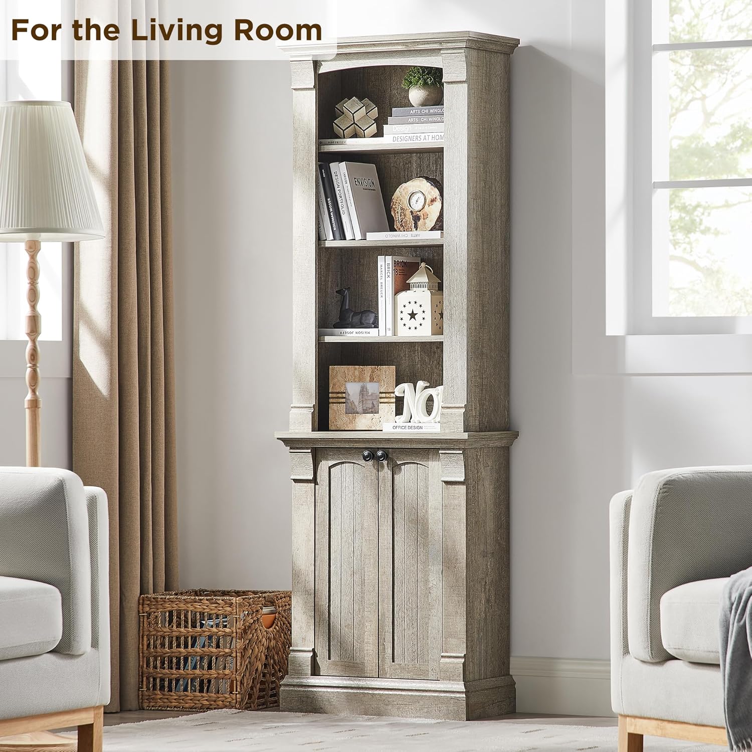 72" Farmhouse Bookcase with Adjustable Shelves and Storage Cabinet Doors