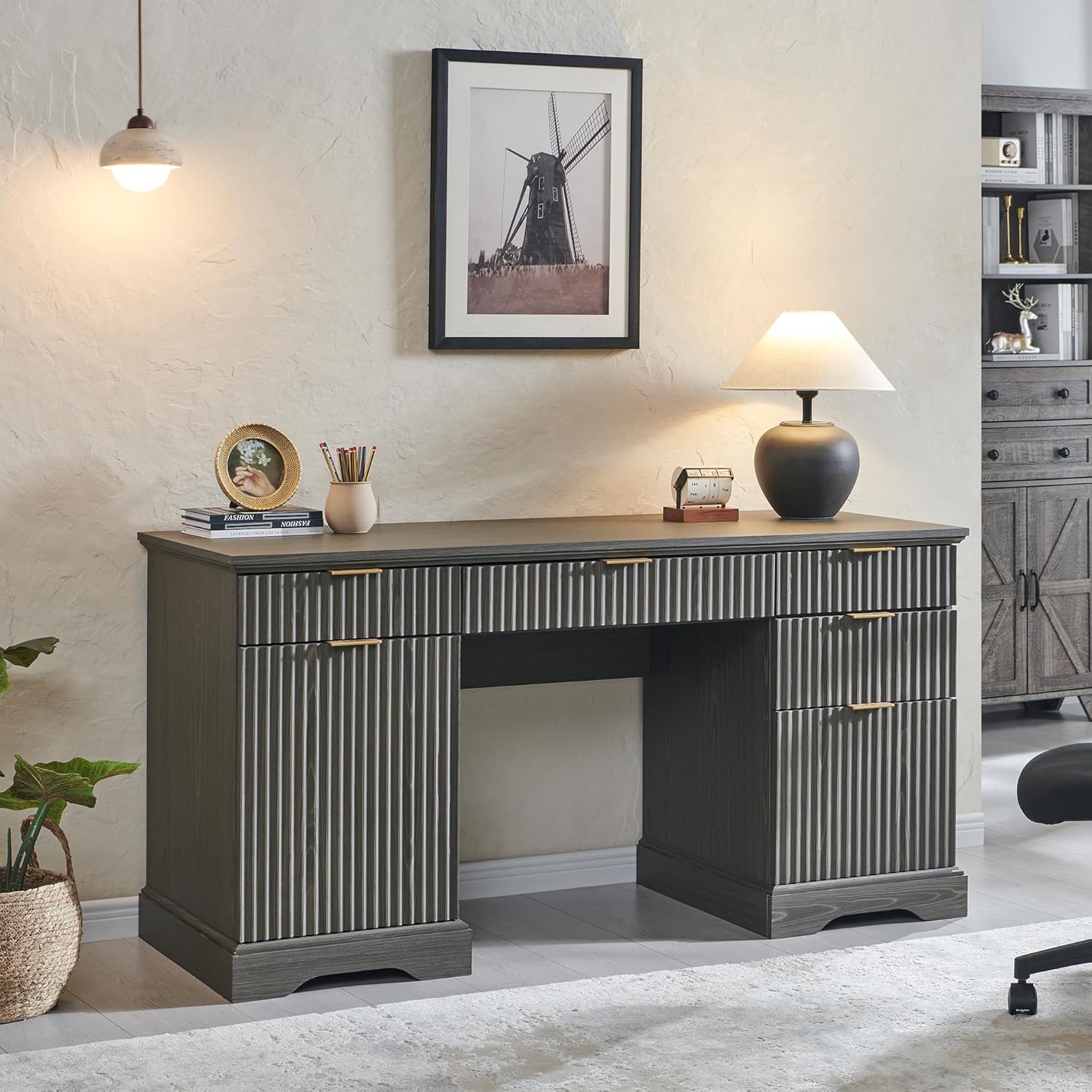 58-Inch Modern Executive Office Desk with Storage and Drawer