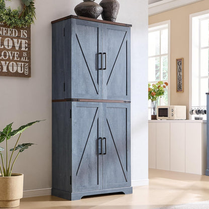 72" Farmhouse Kitchen Pantry Storage Cabinet with Barn Door and Shelves