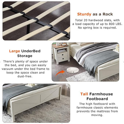 Farmhouse Full Size Bed Frame with Bookcase Headboard and Charging