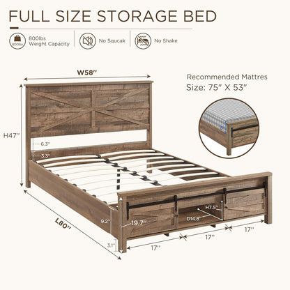JXQTLINGMU Full Size Farmhouse Wood Bed Frame with Barn Door