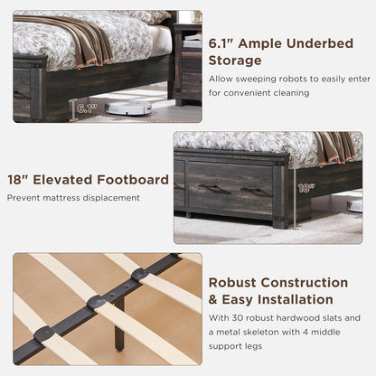 Farmhouse King Size Wood Bed Frame with Storage Drawers