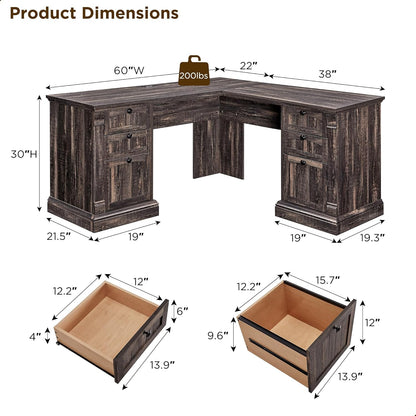 Farmhouse Rustic 60" L-Shaped Executive Desk with Charging Station