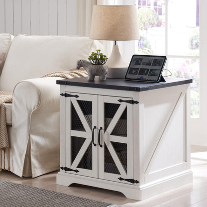 Farmhouse End Table with Charging Station, Rustic Wood Nightstand