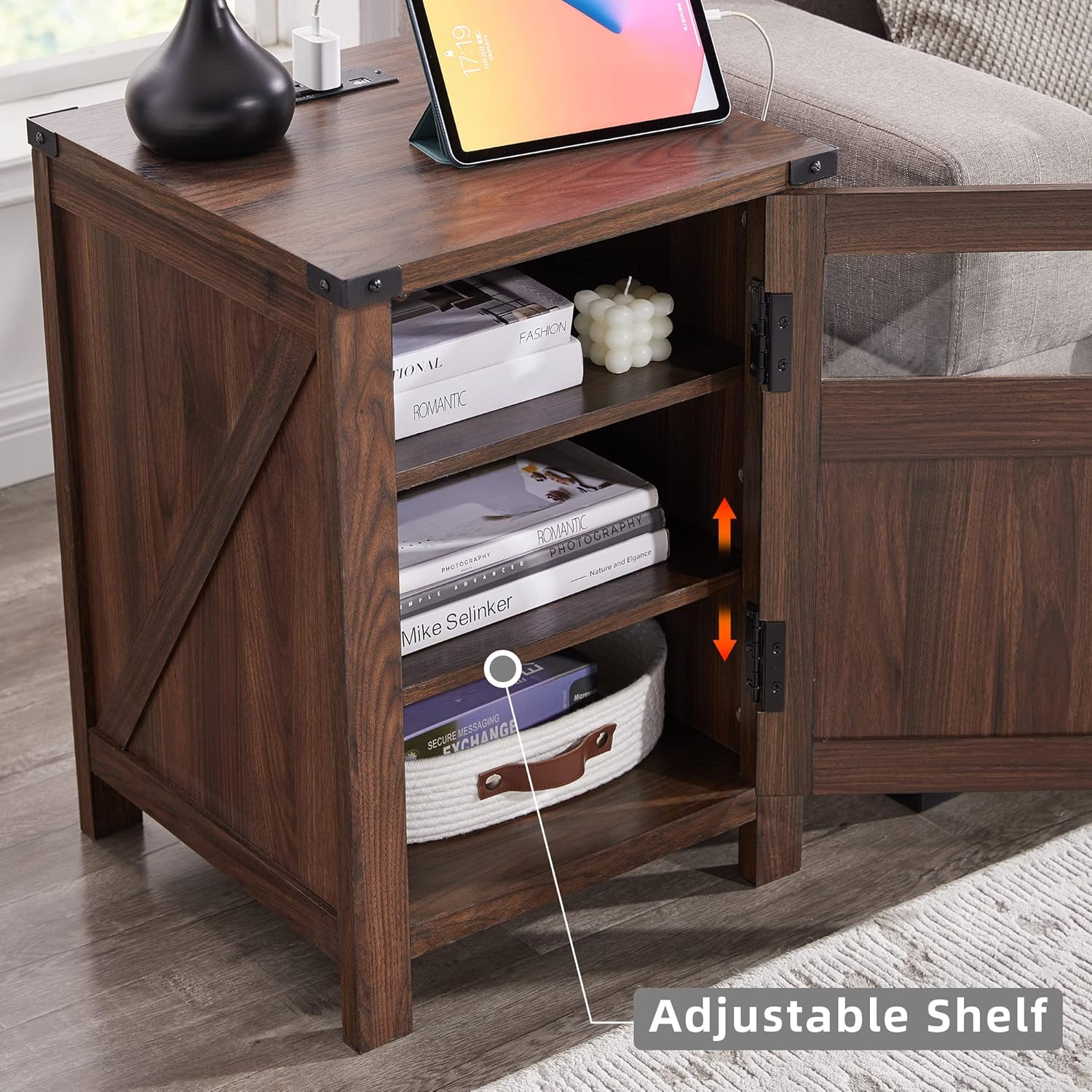 Farmhouse End Table with Charging Station Rustic Barn Door Nightstand