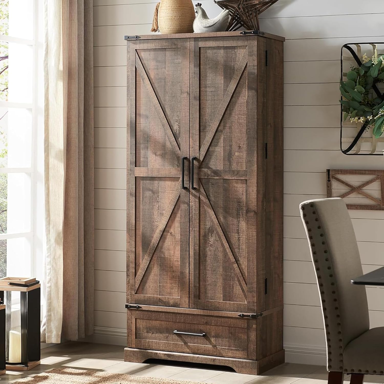 72" Farmhouse Kitchen Pantry Cabinet with Drawer, Barn Door Design
