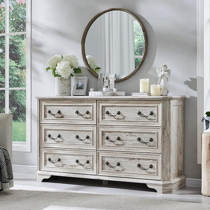 Wide Rustic Farmhouse 6-Drawer Dresser | Distressed White Wood
