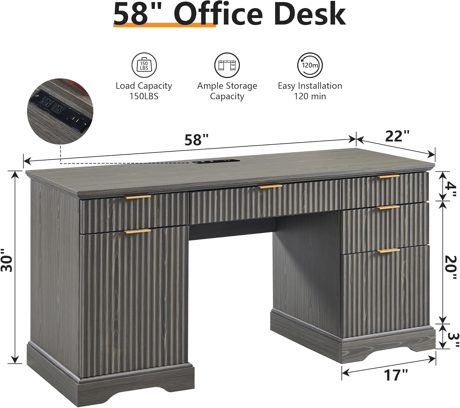 58-Inch Modern Executive Office Desk with Storage and Drawer