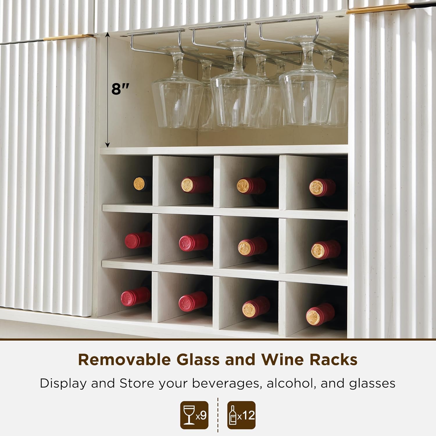 OKD Fluted Wine Bar Cabinet: 60" Modern Coffee Bar, Solid White