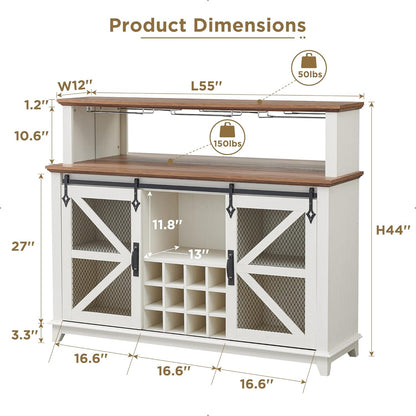 Farmhouse Coffee Bar Cabinet with LED Lights Antique White, 55-Inch