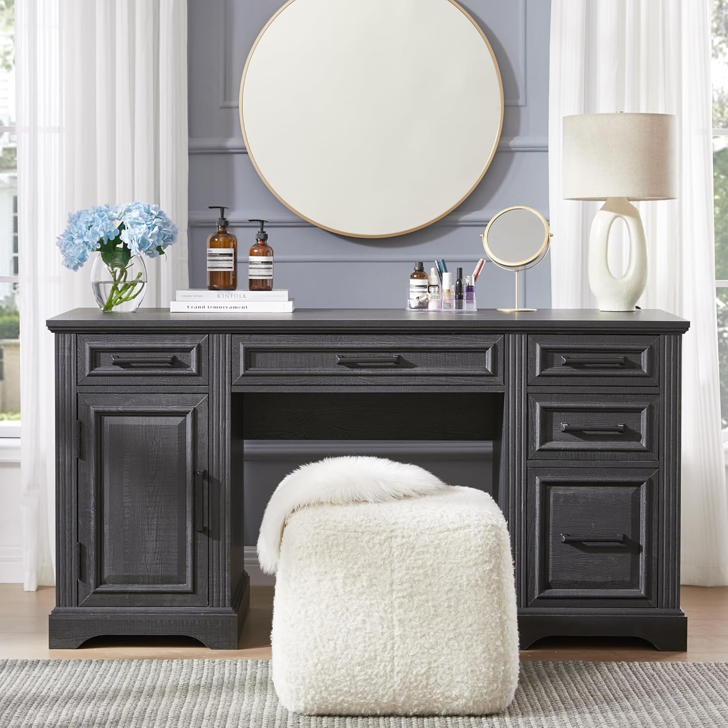 JXQTLINGMU 58 Inch Black Computer Desk with Embossed Texture & Drawers