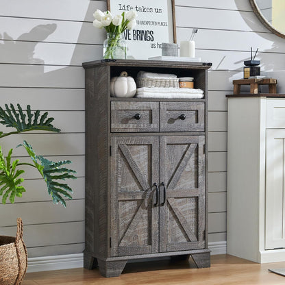 Farmhouse Bathroom Floor Cabinet with Drawer and Barn Doors - Grey