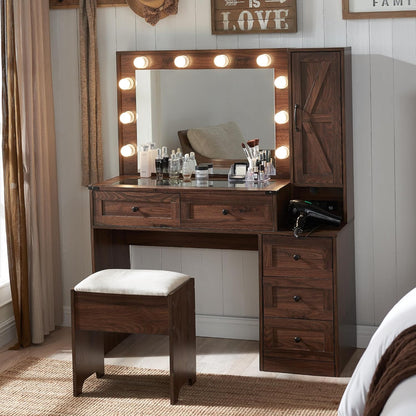Farmhouse Style Vanity Makeup Desk 43" with Lighted Mirror & Charging