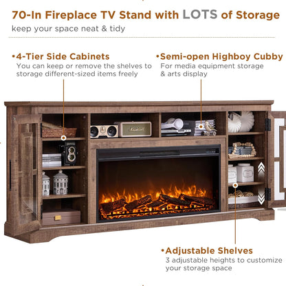 JXQTLINGMU Farmhouse Fireplace TV Stand for 80 Inch TV with Shelves