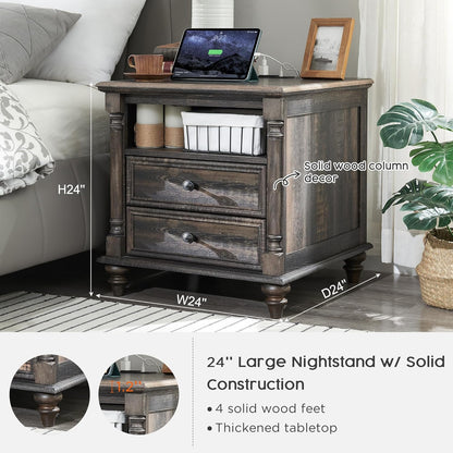Farmhouse End Table with Charging Station & Solid Wood Feet