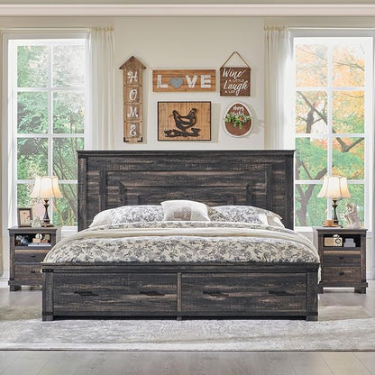 Farmhouse King Size Wood Bed Frame with Storage Drawers