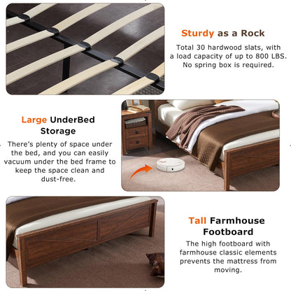 Rustic Farmhouse King Bed Frame with Bookcase Headboard and Charging Station