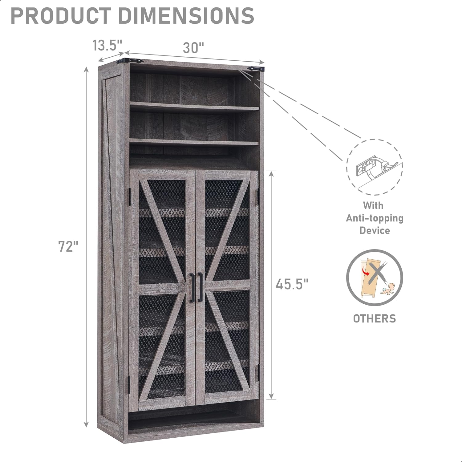 72" Tall Farmhouse Shoe Cabinet 鈥?Mesh Door, Adjustable Shelves, Grey