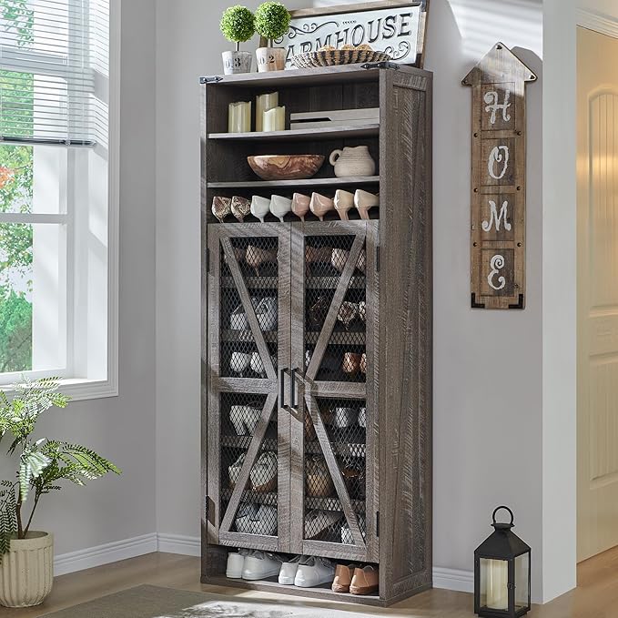 72" Tall Farmhouse Shoe Cabinet 鈥?Mesh Door, Adjustable Shelves, Grey