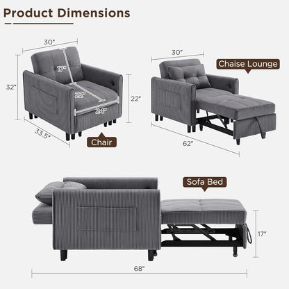 3-in-1 Corduroy Sleeper Sofa Bed Chair with USB Ports