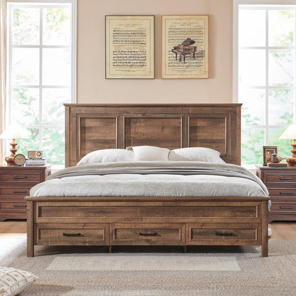 King Size Farmhouse Wood Platform Bed Frame with Storage Drawers