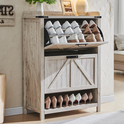 OKD Farmhouse Shoe Storage Cabinet: 2 Flip Drawers, Rustic White
