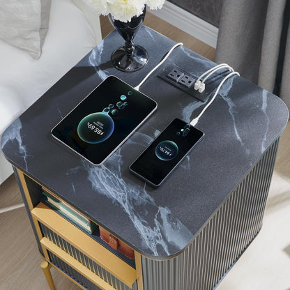 Modern Dark Grey Fluted Nightstand with Charging Station and Drawers