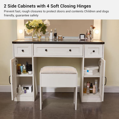 Farmhouse Vanity Desk with Hollywood Mirror, Drawers, Cabinets & Stool