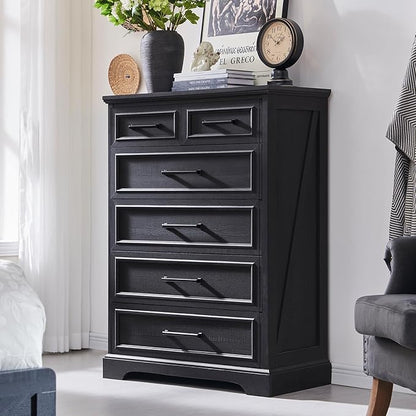 Farmhouse 6-Drawer Black Dresser, Wood Organizer for Bedroom, Living Room
