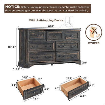Farmhouse 7 Drawer Dresser Wide Wood Rustic Chest Organizer