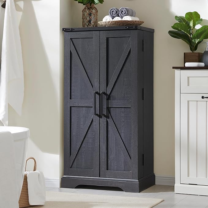 JXQTLINGMU 47" Wooden Storage Cabinet Farmhouse Pantry Organizer Black