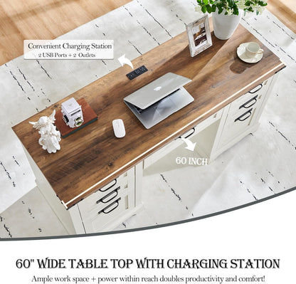 Farmhouse Executive Desk 60" with Charging Station, Antique White