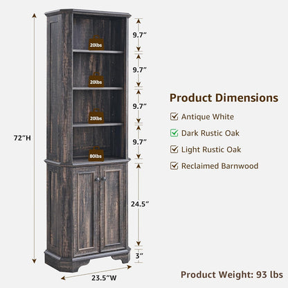 Rustic Oak 6-Tier Bookshelf with Doors and Adjustable Shelves