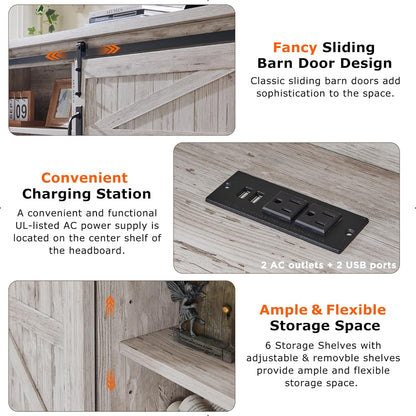 Farmhouse Queen Bed Frame with Storage Headboard, Sliding Barn Door