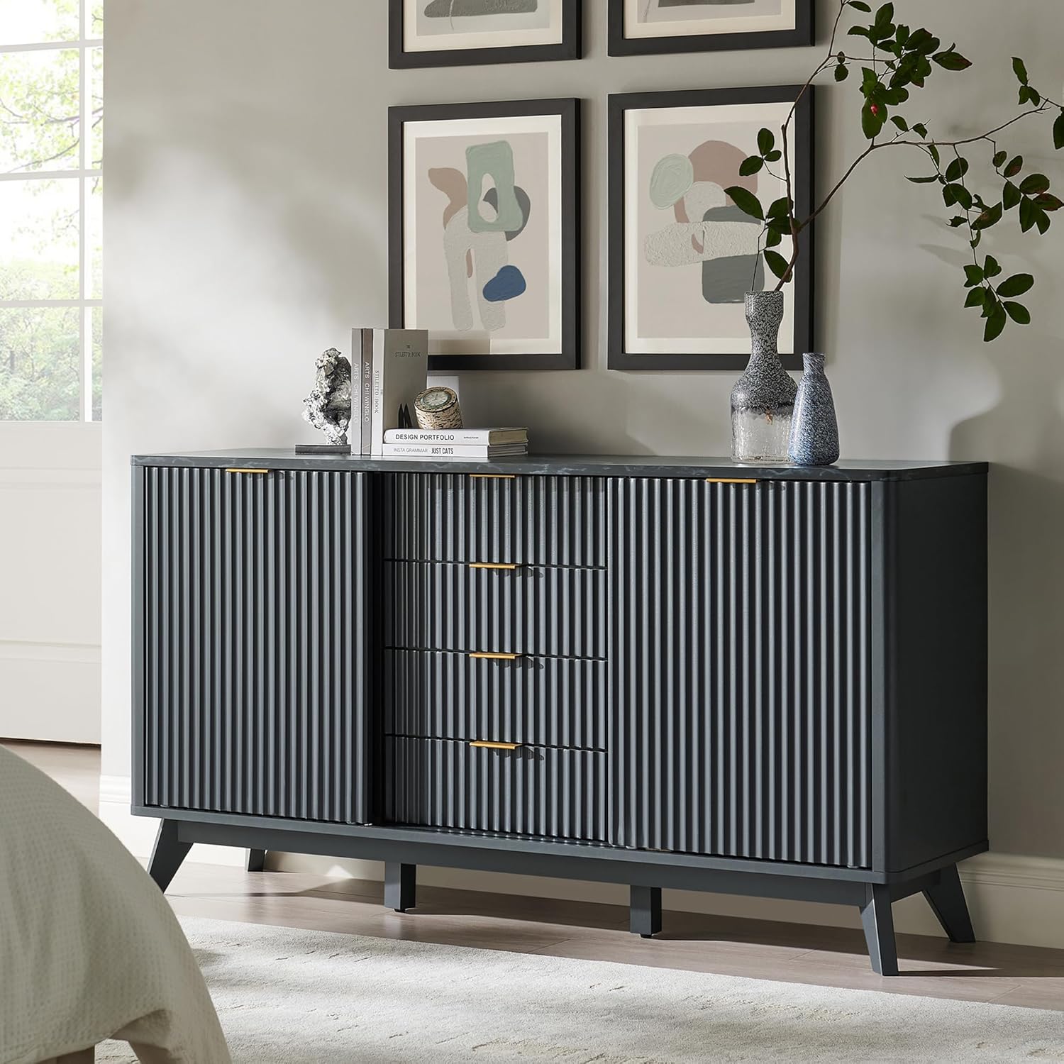 Modern Fluted Dresser 60 Inch with Sliding Doors and Drawers