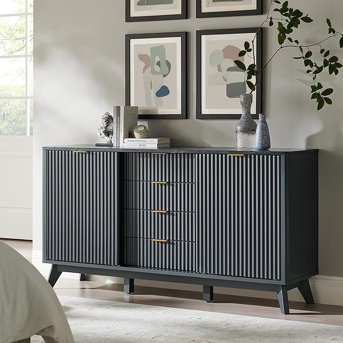 Modern Fluted Dresser 60 Inch with Sliding Doors and Drawers