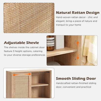OKD Hand-Woven Rattan Wall Storage Cabinet with Adjustable Shelves
