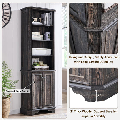 Rustic Oak 6-Tier Bookshelf with Doors and Adjustable Shelves